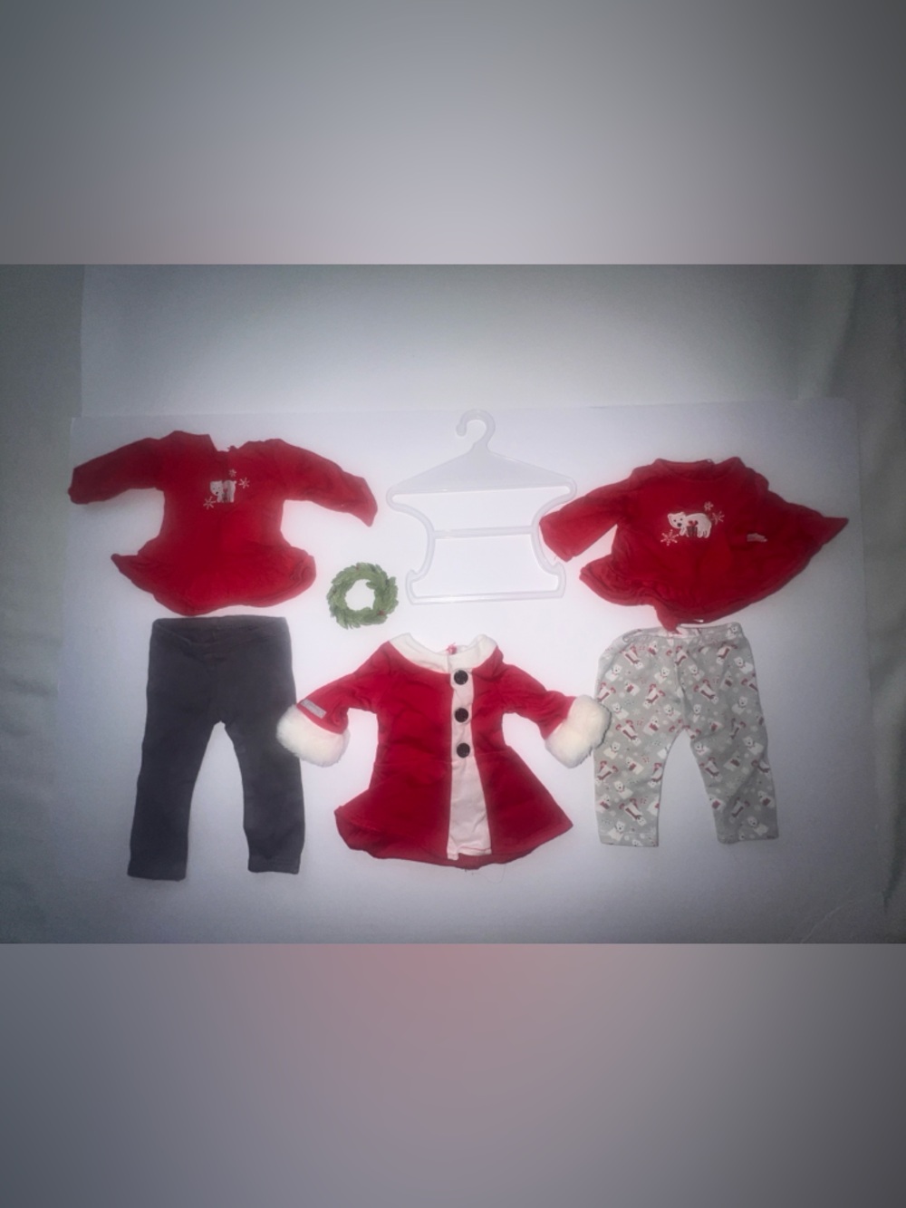 American Girl Doll and Bitty Baby toddler Christmas outfits and Christmas wreath